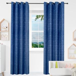 BOD HOME 2 Piezas Cortina Infantil Opaca para Habitación de Niños/Niñas, 140 x 260cm Ancho x Alto, Cortina Dormitorio Infantil con Diseño Estrellas Azul Bordadas, Material 100% Poliéster
