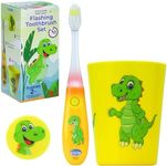 Lily's Home Kids Toothbrush with Flashing Timer and Soft Bristles, Rinsing Cup & Cover - Fun 2-Min Light-Up Timer for Children - Toddler Soft Toothbrush Kit (Dinosaur)