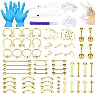 DJCIW 100PCS Piercing Kit,12G 14G 16G Piercing Needles Tools for Nose Septum Belly Button Lip Tongue Eyebrow Cartilage Ear Tragus Helix Daith Piercing with Piercing Jewelries Clamps Tool Kit Gold