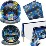 Video Game Party Supplies Serve 20 - 61Pcs Plates Napkins Tablecloth for Boys Gamer Gaming Controller Party Supplies