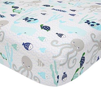 Lambs & Ivy Oceania - Sábana Bajera Ajustable para Cuna (100% algodón), Color Blanco con Azul