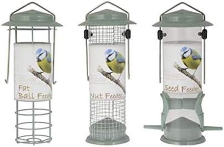 3PCS Sage Green Powder coated Heavy Duty Metal Bird Feeders Hanging Wild Garden Bird Seed, Nut and Fat ball Feeders, Hanging Feeders for Small Birds Garden Outdoors