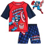 Marvel Avengers Boys Rash Guard Set Spider-Man and Captain America Kids UPF 50+ Swim Shirt and Trunks for Boys (3T-12), Captian Red/Navy, 7