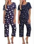 Ekouaer 2 Pack: Women's Pajamas Short Sleeve Sleepwear Tops and Capri Pants Pjs Print Pajama Sets Moon, Stars S