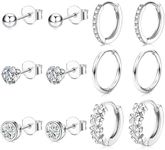 Kakonia 6 Pairs Silver Studs Earrings for Women Girls 925 Sterling Silver Post Stud Earrings Zirconia Stud Cartilage Earrings Silver Hoops Earring Sets Hypoallergenic Small Sleeper Huggies Earrings C