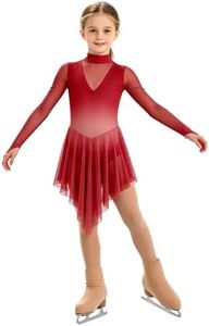 Yyuihri Girls Figure Ice Skating Dress Contemporary Lyrical Ballet Skirted Leotard Long Sleeve Mesh Competition Costume Burgundy 15-16 Years