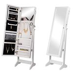 SortWise Lockable Free Standing Wooden Jewelry Cosmetic Cabinet, Full Length Floor Tilting Jewelry Armoire with Mirror and 3 Angle Adjustable Organizer Storage - White