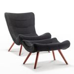 Plush Black Velvet Curved Ergonomic Leisure Armchair with Matching Footstool – Modern Comfy Lazy Chair for Relaxing Reading Leaning Back, Luxury Accent Chair for Living Room Office Conservatory