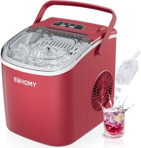 EUHOMY Countertop Ice Maker – 9 Cubes in 6 Mins, 2 Sizes, 12kg/24h, Red