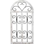 MyGift Shabby White Washed Solid Wood and Black Metal Wire Scrollwork Arched Window Frame Wall Decoration, Hanging Distressed Wooden Panel Home Decor Accent