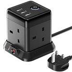 Hulker 3M Cube Extension Lead with 3 Slots 4 Gang Plug Socket with Switch 4 Way Power Strip with 3 USB Port 3 Metre Extension Cable Black 13A 3250W for Home Dorm Office