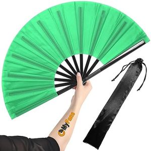 OMyFans Large Rave Folding Hand Fan - Foldable Chinese Tai Chi Kung Fu fan - Ideal for Festivals, EDM, Dancing, Hot Flashes, Church and Gifts (Green)