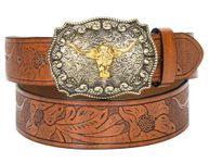 Western PU-Leather Cowboy Cowgirl Buckle Belt for Men Women Jeans - Engraved Floral Golden Longhorn Bull Texas Buckle Belt