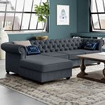 ES ESPINHO ESPN0015 Solid Sal Wood Velvet Upholstered 4 Seater Left Hand Side Facing Blind Tufted Chesterfield Modular, Sectional, Corner L Shape Sofa Set for Living Room, Dark Grey Color