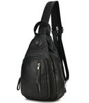 Semikk Sling Bag for Women, Leather Crossbody Fanny Packs, Multipurpose Hiking Daypack Backpack Sports Cross Body Chest Bag (977-Retro Black)