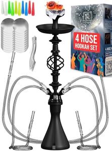 Black Hookah Set 4 Hose - 4 Hose Hookah Set - Hookah Set With Everything 4 Hose - Black Hookah 4 Hose Set - Hookah Set 4 Hose with 50x Foil Big Silicone Bowl 10x Tips 4x Hookah Hose Tongs - Hookah Kit