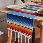 MEETOZ Mexican Table Runner, 35*215cm Mexican Serape Table Runner, Woven Table Runner for Mexican Party Wedding Decorations Outdoor Picnics Dining Table Birthday Parties (Lake Blue)