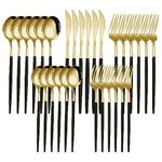 Silverware Sets for 30, Quable 30-Piece Black & Gold Cutlery Set, Stainless Steel Kitchen Utensil Set Service for 6, Including Knife, Fork, Spoon, Mirror Polished, Utensil Sets for Kitchen, Home