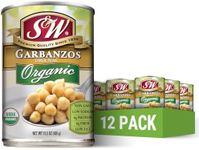 S&W Organic Canned Garbanzos, Chickpeas, Plant Protein and Fiber, Gluten Free, Vegan, Low Fat, Low Sodium, 12 Pack of 15.5 oz Cans, Canned Beans