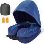 Flywish Travel Neck Pillow with Hood - Adult Travel Must Haves Airplane Hoodie Pillow, Premium Quality Memory Foam, Fit for Office, Car Ride, Sleeping. Kit with Earplugs, Luxury Bag(Navy, M)