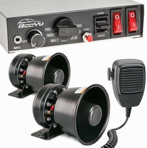 BooYu 9 Tone 12V 400W Warning Emergency Siren PA System for Tow Trucks, Construction Vehicles Car SUV [Black Steel Speaker][Handheld Microphone][125-135dB][2 x 10A Switches]