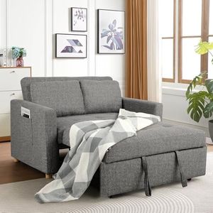 SEJOV Sleeper Sofa Bed, 3-in-1 Convertible Sofa Chair, Linen Fabric Pull Out Couch Bed, Loveseat Sleeper with Spring Support, Adjustable Backrest, 2 Seater Recliner Chair for Small Space, Dark Grey