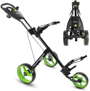 JOVIAL 3 Wheel Collapsible Junior Golf Cart, Upper and Lower Brackets with Elastic Strap, Simple Quick Braking System, Golf Trolley Accessories, with New Deluxe Scorecard Holder and Bag Holder