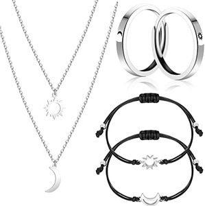 Bonuci 6 Pcs Best Friends Gifts Jewelry Set, Include BFF Necklace for 2 Matching Friendship Necklaces Sun and Moon Bracelets Adjustable Rings for Couples Best Friend, alloy and nylon rope, No Gemstone