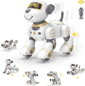 STEMTRON Remote Control Robot Dog Toy, Programmable Interactive & Smart Dancing Robots for Kids 3 and up, RC Stunt Toy Dog with Sound LED Eyes, Electronic Pets Toys Robotic Dogs for Kids Gifts (Gold)