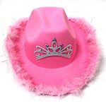 Western Cowboy Hat, Pink Cowgirl Hat with Tiara Crown for women Rodeo Party Hats,Fluffy Feather Trim Cowgirl Hat Womens Adult Costumes Preppy Hat for Fancy Dress Up Role Play Cosplay Birthday Party