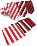 Vittorio Farina Striped Necktie & Pocket Square Set for Men (Red/White,Black,Black & White)