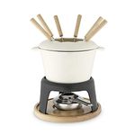 Twine 5998 Farmhouse Kitchen Enamel Cast Iron Fondue Set Cheese Melting Pot Metal Stand with Stainless Steel Forks and Chrome Gel Burner, 8.5", Off-Cream