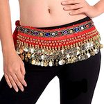 FancyDressWale Belly Dance Hip Scarf Waist Belt with Gold Coins for Women and Girls (Premium Red)