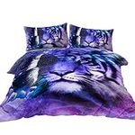 BlessLiving 3D Tiger Duvet Cover Set 3 Piece Bedding Set with 2 Pillow Shams, Double Size, Tiger Head with Eagle and Butterfly Wings, Oil Painting, Purple and Blue