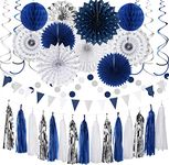 Navy-Blue White-Silver Graduation Party-Decorations - 33pcs Kits Banner, Streamers Tassel Garland,Tissue Pom Poms Honeycomb, Paper Lantern Fans,Wedding Birthday Baby Shower Backdrop Decor Hugtmr