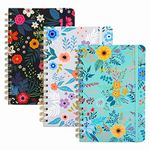 Auveach 3 Pack A5 Hardcover Spiral Notebook, 5.7"x 8.5" Journal for Women Spiral Bound, Spiral Journal Notebook with Back Pocket, 160 Pages, Blooming Flower Pattern, for Office and School Supplies