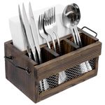 MyGift Rustic Brown Wood Utensil Holder and Napkin Rack with Black Metal Carry Handles and Chicken Wire Front Panel, Dining Flatware Cutlery Storage Caddy