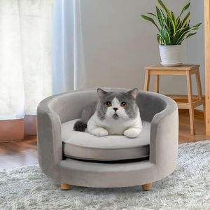 dCee Round Dog Sofa - Cat Couch, Holds up to 50 Lbs, 24 in. Soft Velvety Pet Couch for Comfort Sleep, Joint Support, Dark Grey