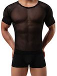 WINDAY Men's Sexy Underwear T-Shirt Long Sleeve Mesh Top Undershirt Nightwear Black