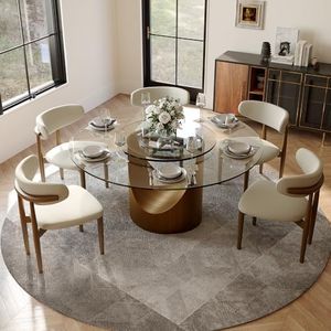 POVISON Modern Dining Table Set with Lazy Susan, 59" Sintered Stone Dining Table with 6 Dining Chairs Set, Glass Tabletop with Bronze Carbon Steel Pedestal