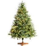 7ft Pre-Lit Artificial Green Christmas Tree with 380 LED Lights and 1355 PE PVC Mixed Tips Hinged Branches Bushy Realistic Easy to Assemble Xmas Home Decorations Trees with Foldable Wooden Stand
