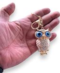 BLUE BEADS Gold with Evil Eye Crystal Rhinestone Sparkling Owl Keychain For Bike/Car Gifting Key Ring For Men Women and Handbag Charm (White)