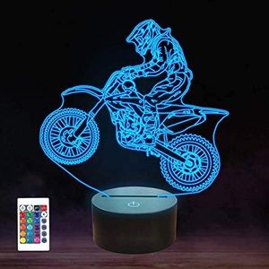 Dirt Bike 3d Night Light, FULLOSUN Motocross Illusion Hologram Bedside Lamp 16 Color Changing with Remote Control, LED Cool Novelty Birthday Gift for Boy Kid Outdoor Sports Lover Collection Present