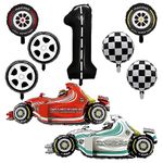 Number 1 Race Car Balloons, 43 Inch Race Car Party Decorations, Wheel Tire Balloons, Black and White Checkered Foil Balloons, Car Balloons for Boys 1st Birthday Party Decoration - Pack of 9