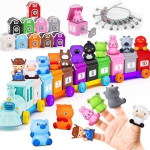 Toddler Train Toys for 1 2 3 4 Year Old, Learn Counting, Matching, Sorting, Preschool Montessori Toy, 10 Farm Animals, Finger Puppet, Keys and Barns, Christmas, Birthday Gifts for Baby Boys Girls