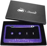 OTOSTAR 7 Row Pure Handmade Waterproof Bling Bling Rhinestones Stainless Steel Metal License Plate Frame 2 Holes with Matching Screws Caps (Dark Purple)