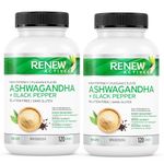 Renew Actives Organic Ashwagandha Capsules + Black Pepper for Maximum absorption - Used in Ayurveda as a Sleep Aid, Memory Support, Energy, & Overall Wellness - Non-GMO, Vegan & Gluten Free - 120 Easy-to-Swallow Capsules - Made in Canada - 2pk