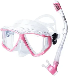 Snorkel Set Pano 4 Adult Snorkeling Gear, Professional Anti-Fog Snorkel Mask Dry Top Snorkel, Tempered Glass Scuba Diving Mask for Freediving, Snorkeling and Swimming (Pink Snorkel Set)