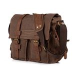 BW Vintage Military Men Canvas Bag - 14.5 inch Mens Vintage Casual Canvas Messenger Bag Men's Military Leather Canvas Travel Briefcase Crossbody Satchel Shoulder School Bag for Notebook Laptop (Brown)