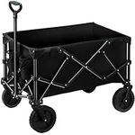 Antifir Collapsible Garden Trolley with Wheels,Heavy Duty Folding Garden Wagon Cart with Cup Holders,Portable Large Capacity Utility Wagon for Camping Fishing Sports Shopping, Black